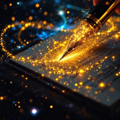The primary subject of the image is a pen writing on a piece of paper. The setting is a dark room with a blue background, creating a moody atmosphere. The visual style is a combination of a photo and digital art, as the pen's light is captured and the background is blue. The colors and mood are dark and dramatic, with the blue background and the light from the pen creating a striking contrast.